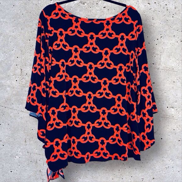 Frank Lyman Chain Print Knit Top Women’s Size 14 Navy Blue Orange Bell Sleeves - Picture 5 of 12